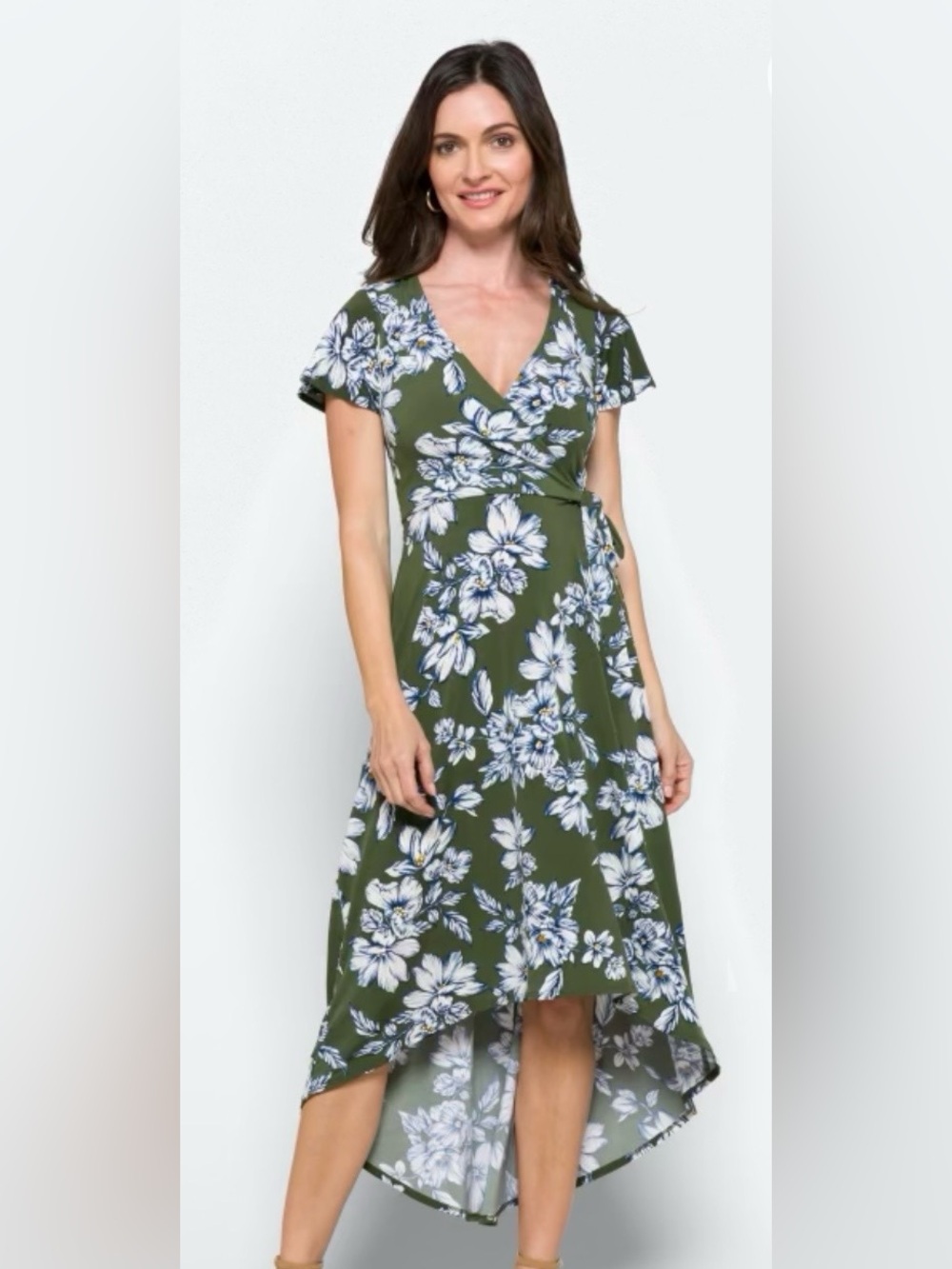 Olive Floral Wrap High-Low Dress